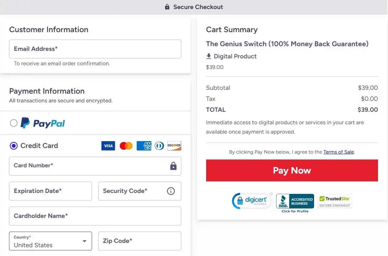 The Genius Switch Checkout Page
